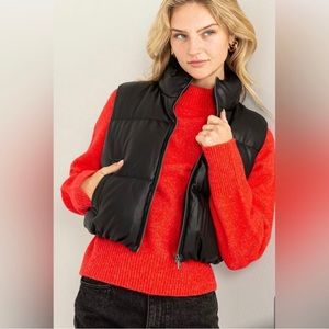 Cropped Black Leather Puffer Jacket Vest